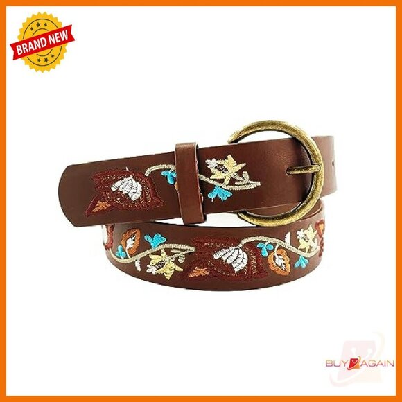 Women\'s PU Leather Belt with Floral Embroidery, Bronze Buckle, Size S/M